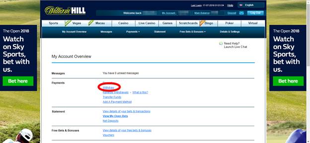 William Hill screenshot displaying where to find "Withdrawal" button on "My Account" page